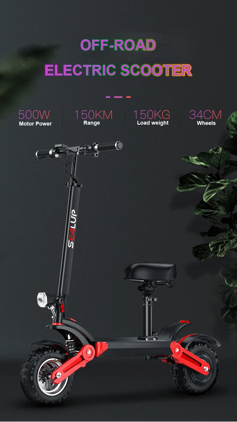 Top 12 Inch Off Road Electric Scooter 2 Wheels Electric Scooter 48V 500W E-Scooter Range 150KM Double Suspension Adult Kick Scooter 14