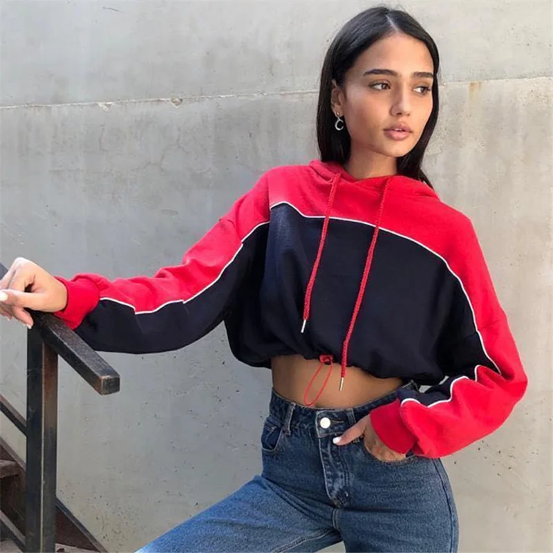red Fitshinling Athleisure Лоскутные женские укороченные толстовки, свитшоты, женские повседневные весенние тонкие спортивные худи, женская одежда, новинка - Цвет: red