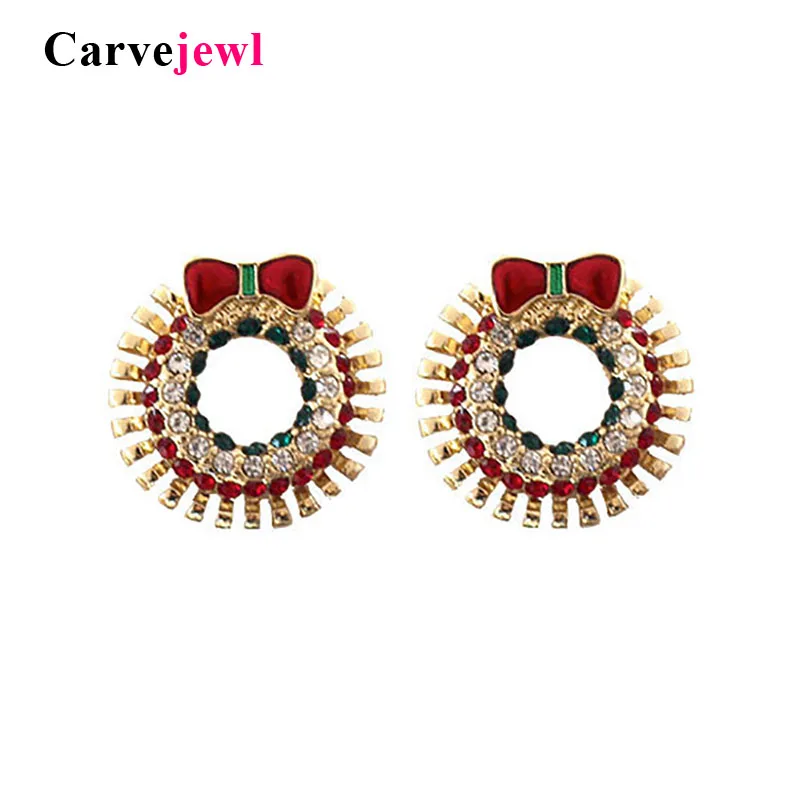 Carvejewl Рождественский подарок красочный бант венок Эмаль серьги-гвоздики с кристаллами Стразы для модных женщин милые серьги Роскошные вечерние