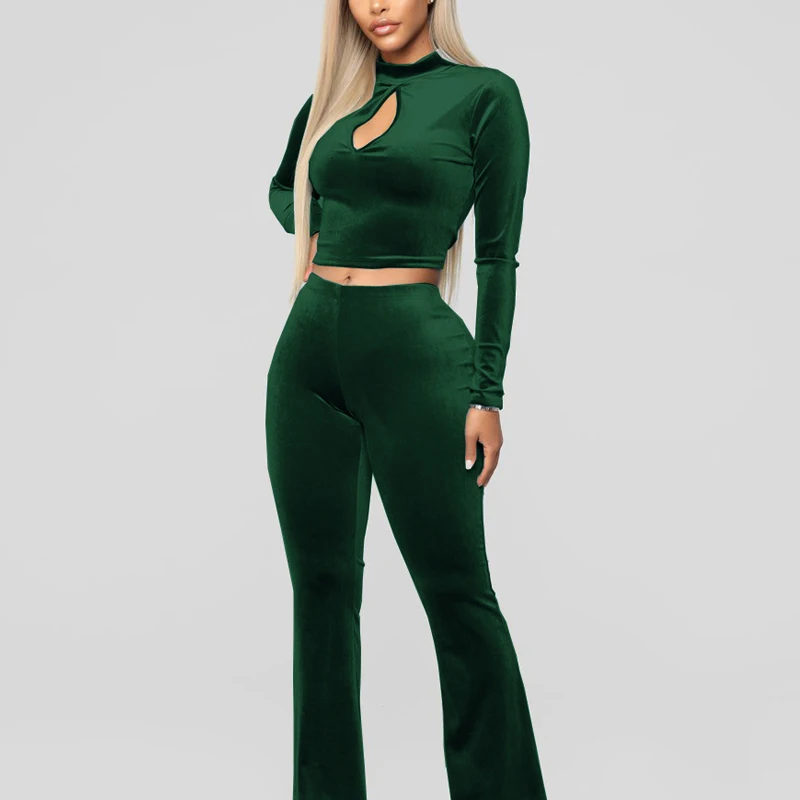 Women Velvet Clothes Outfit Solid Color Long Sleeve Turtleneck Tops + Flared Trousers Black Red Green | Женская одежда