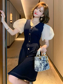 

Trendy Sexy V-neck Stitching Polka Dot Mesh Puff Sleeve Waist Hugging Slim-Fit Dress Women's Fashion Summer New Style