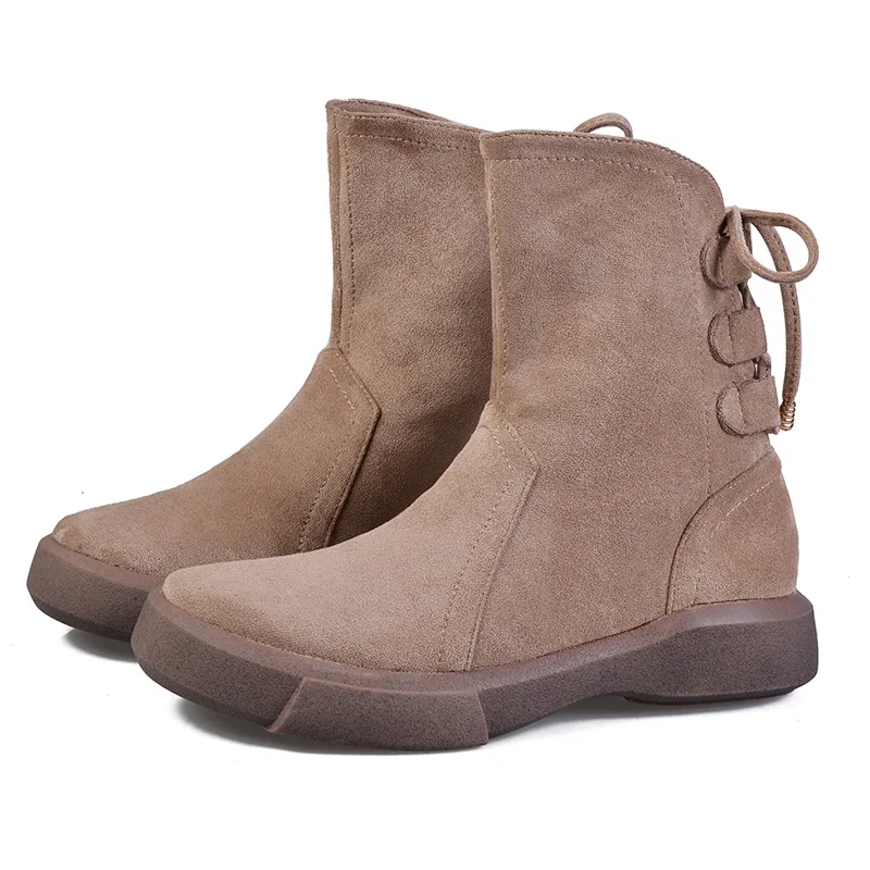 khaki autumn Ковбойские ботинки на толстой резиновой подошве со шнуровкой; нескользящие зимние ботинки на меху; женские теплые утепленные плюшевые ботинки на плоской подошве; botines; Рабочая обувь из нубука - Цвет: khaki autumn