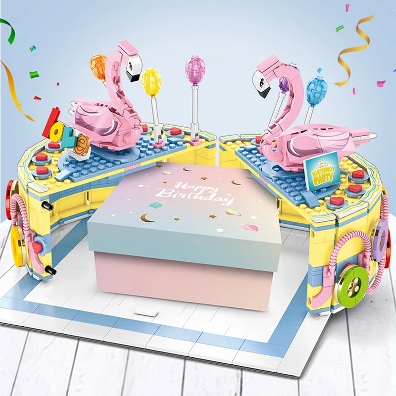 

Creative Gift box Delicious Birthday cake building block Love Flamingo assembly bricks toys collection