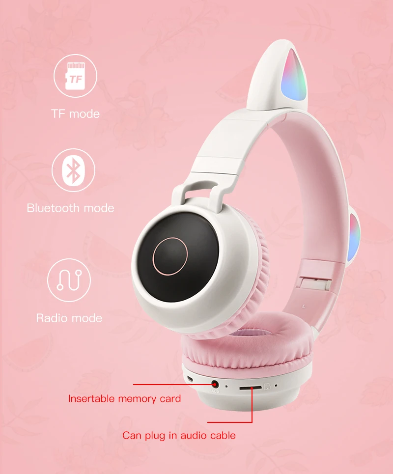 Colorful Lights Cat Ear Wireless Bluetooth Headphones Luminous Head mounted Headset Portable Folding TF Card 3 5mm Plug With Mic