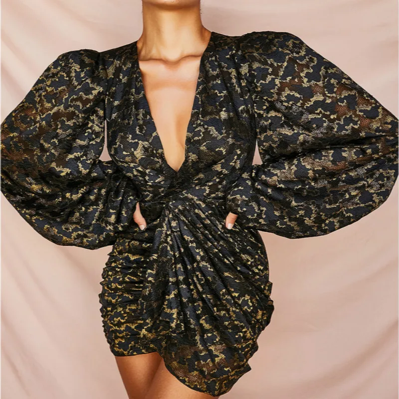 

Zanzea Promotion Polyester Draped Women Dress Vadim 2019 New Color Composite Deep V Bubble Sleeve Irregular Bag Hip Dress Woman