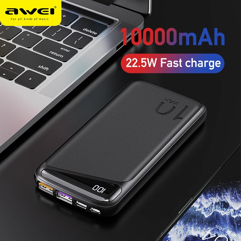  AWEI P103K 22,5 Вт внешний аккумулятор 10000 мАч для быстрой зарядки, светодиодный дисплей, быстрая зарядка, USB внешний аккумулятор типа C 