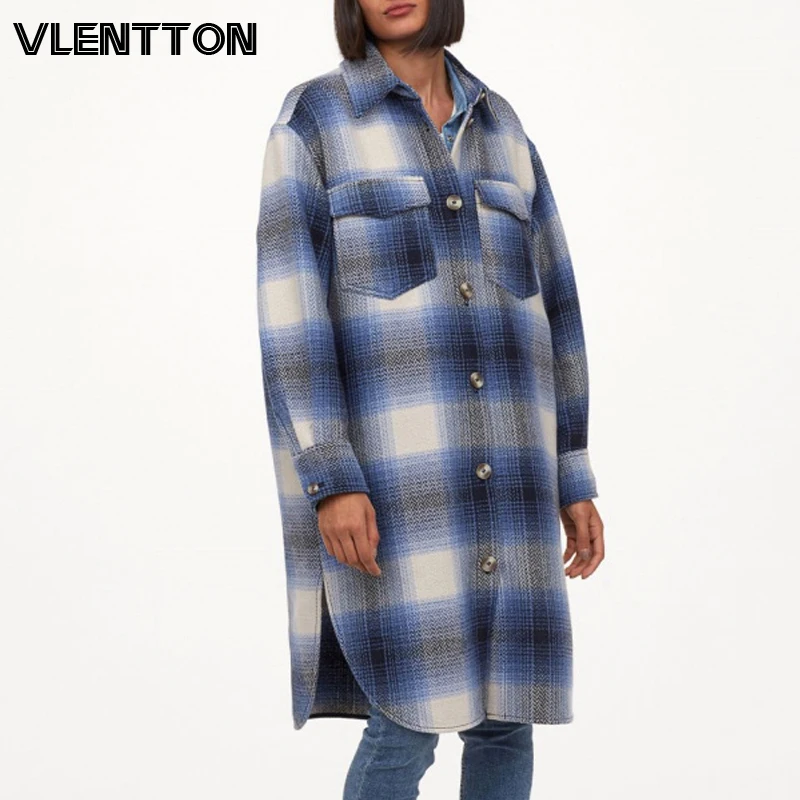 

2020 Autumn Winter Fashion Vintage Plaid Wool Coat Women Casual Button Jacket Outwear Female Loose Long Overcoat Ladies Mujer