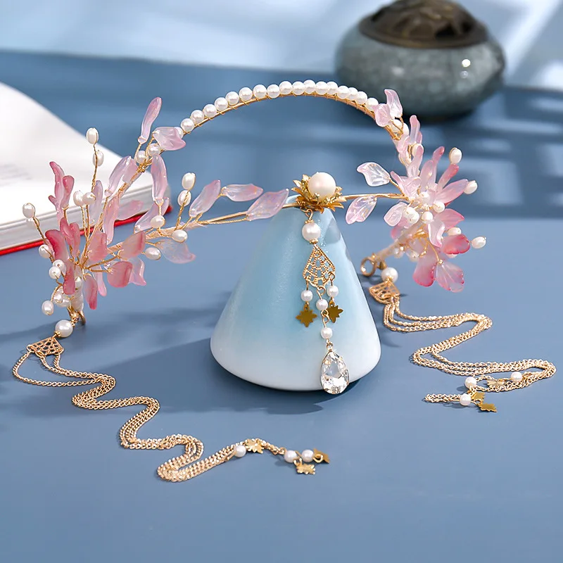 Hair Accessory Hair Headdress Jewelry Accessories Hair Band Crown Tassel Headbands Simulated Pearl Leaf Tiaras and Crowns Hanfu Forehead Jewelry For Women Girls