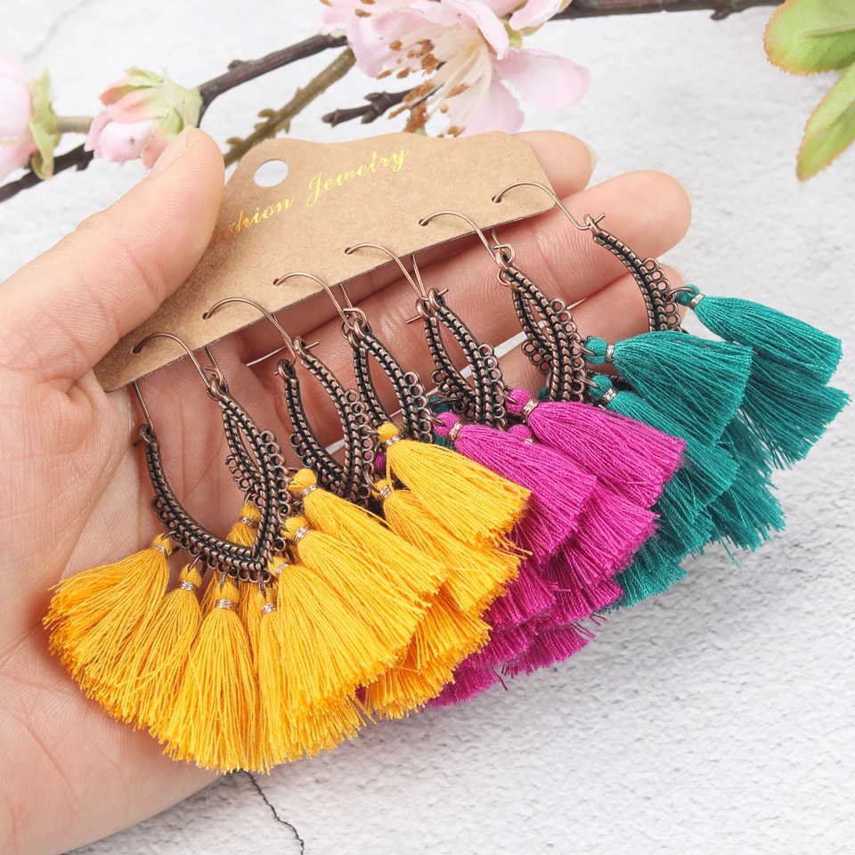 С бахромой винтажные Boho богемное платье в этническом стиле с висячие серьги для