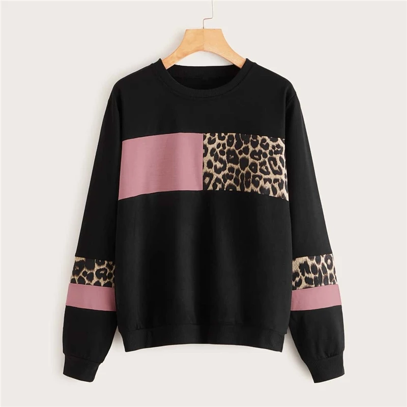 SweatyRocks черный контрастный Леопардовый свитер с круглым вырезом Женские топы осенний пуловер для активного отдыха Повседневный свитер для отдыха