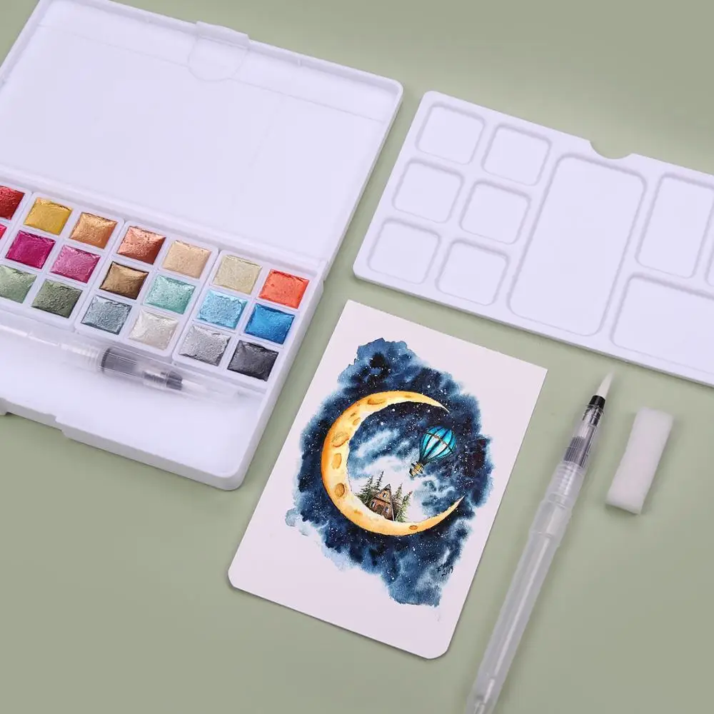 SeamiArt Pearl Watercolor Pigment 24Color Solid Metallic Water Color Paint Set for Drawing Illustrations Art Supplies