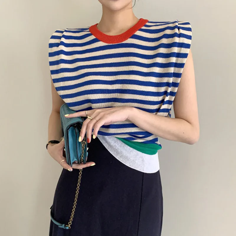 Cardigan Sweater Korean Chic Minority Temperament Round Neck Color Contrast Stripe T-shirt Slim Shoulder No Sleeve Ice Silk |