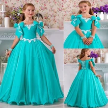  Neck Princess Ball Gown Flower Girl Dresses Soft Tulle Lace First Communion Dresses Girls Kids Prom Dress 