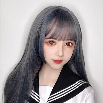 

AILIADE 23" Long Straight Wigs with Bangs Blue Synthetic Hair Natural Heat Resistant Fiber Wig for Women Cosplay Lolita Party