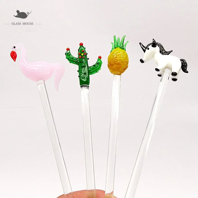 4pcs custom glass Cocktail Stirrer Swizzle Stick coffee stirrer Bar tableware handmade pink glass flower ornament 4