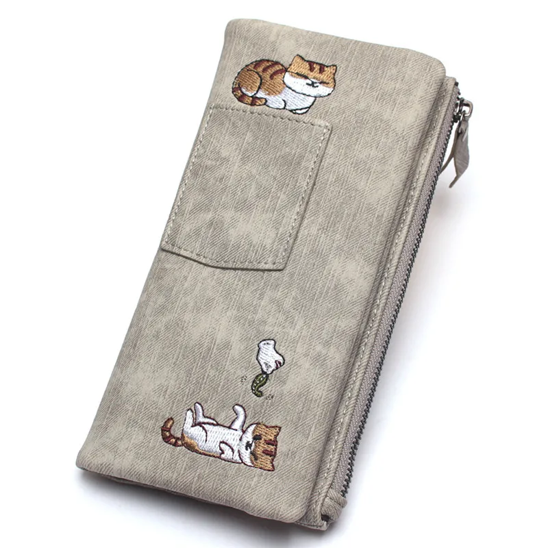 Джинсовый стиль кошелек Neko Atsume Кот вышитый холст большой емкости Длинные молнии кошельки Женская сумочка