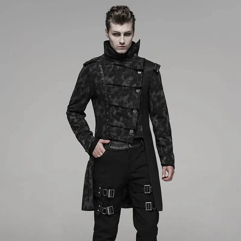 

PUNK RAVE Men Punk Handsome Uniforms Coat Fashion Irregular Retro Print Personality Jacket Male Winter Long Windbreaker