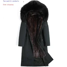 Длинная зимняя парка, пальто с натуральным мехом, мужская теплая куртка, подкладка из меха норки, воротник из меха енота, мужские парки 4528 KJ3021