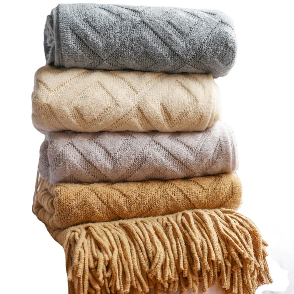 

Fashional Knitted Plaid Tasseled Sofa Throw Modern style Check Couch Blanket Soft Bed Runner ins photographic Throw Blanket