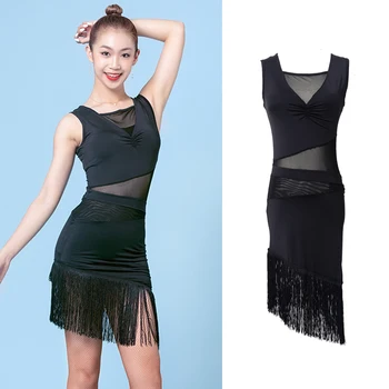 

Latin Dance Dress Female Adult Mesh Stitching Tassel Sleeveless Practice Clothing Rumba Cha Cah Samba Salsa Show Wear DN4091