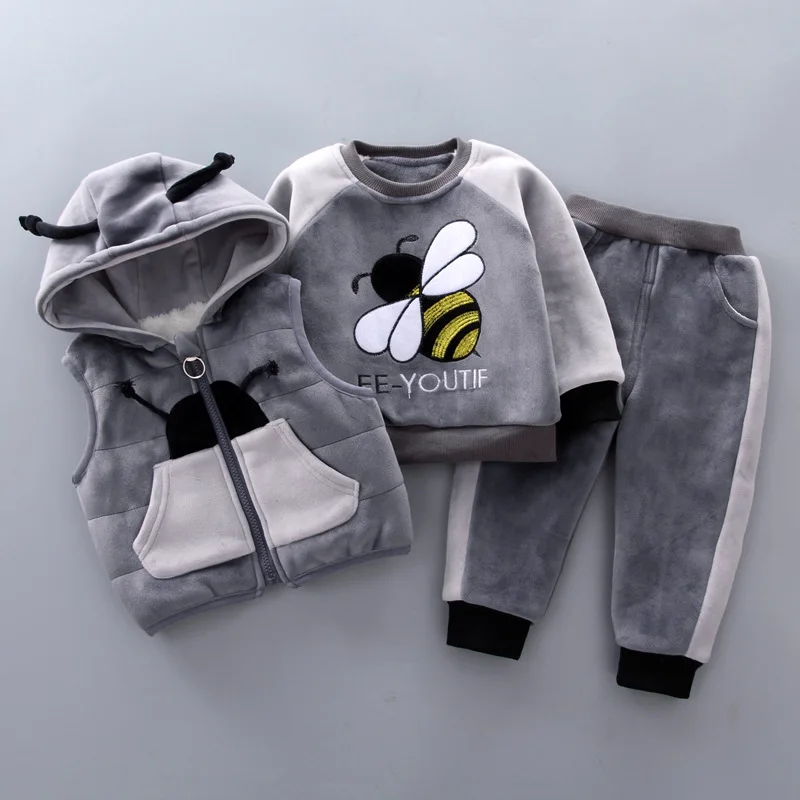 

2019 CHILDREN'S Garment Autumn And Winter Korean-style Brushed And Thick Hoodie Three-piece Set Children Bees Vest Suit