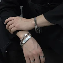 Именная табличка смайлик браслеты мужские из нержавеющей стали кубинские звенья цепи на руку серебряный шарм браслет подарки для мужчин аксессуары панк