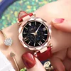 Women Watch Fashion Leather Band Ladies Quartz Wrist Watch Starry Sky Round Dial Roman Number Rhinestone Leather Band Watch Cute 3