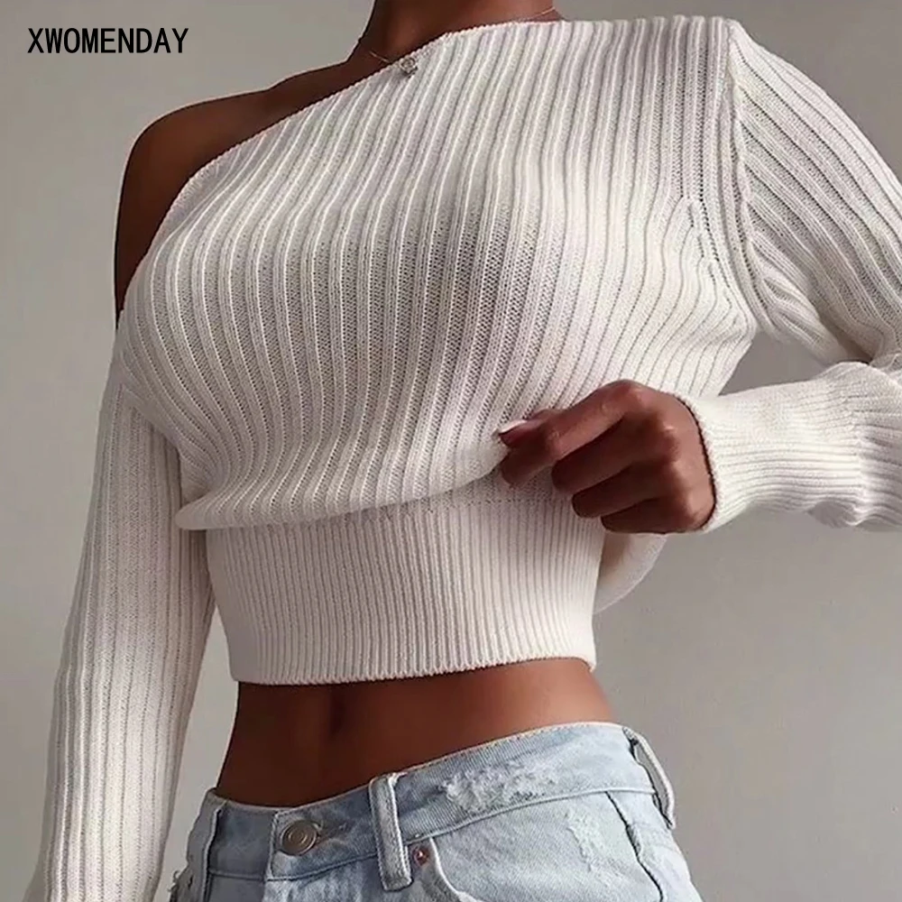 Cropped Sweaters Oblique Collar Ribbed Knitted Black Pullover Jumper Tops One Shoulder Women Clothing 2021 Fall Fashion Knitwear | Женская