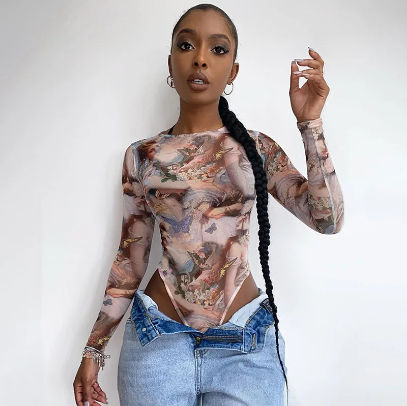 

BKLD Woman Clothes Outfits Fall 2024 New Butterfly Print Round Neck Long Sleeve Jumpsuit Bodycon Sexy Bodysuits Tops Clubwear