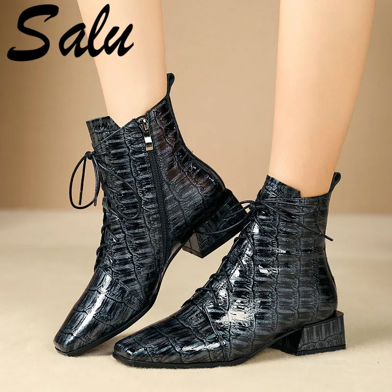 

Salu Winter Round Toe Cross Tied Women Ankle Boots Synthetic Leather Short Boots Zipper Synthetic Party Office Shoes Woman