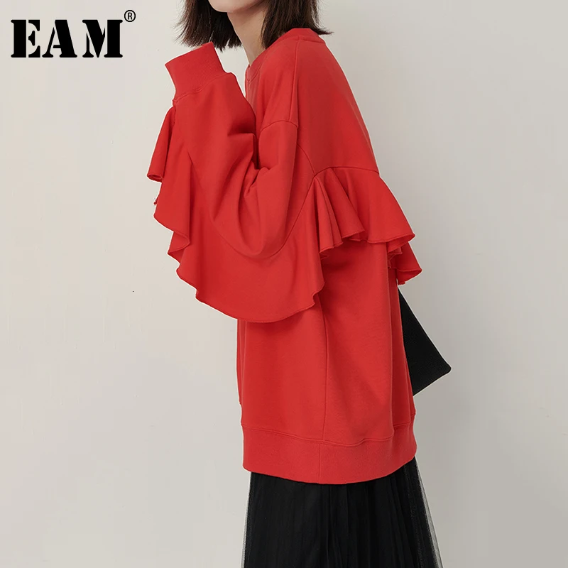

[EAM] Loose Fit Ruffle Spliced Sweatshirt New Round Neck Long Sleeve Women Big Size Fashion Tide Autumn Winter 2019 1B629