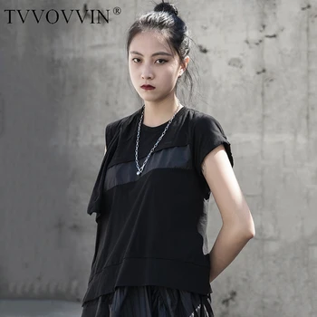 

Loose Women Black Patch Pleated Split Temperament T-shirt Round Neck Short Sleeve Fashion Tide Spring Summer 2020 NRQ3