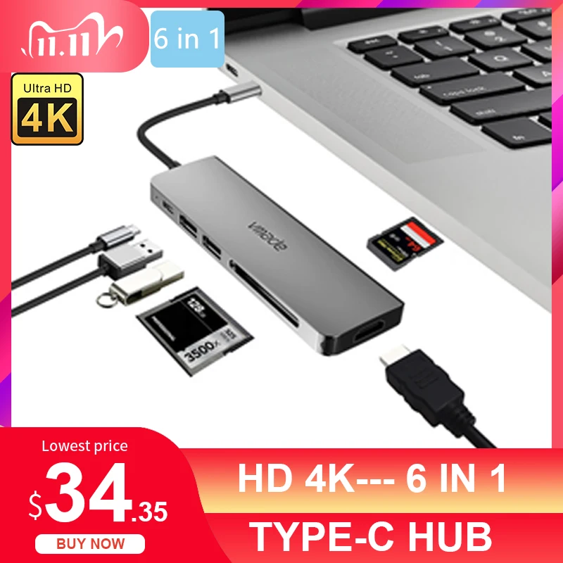 

USB 3.0 Ultra High Speed Ports Type-C 6 in 1 USB Type C Hub to USB 3.0 4KHDMI Adapter Thunderbolt 3 adapter USB-C converter