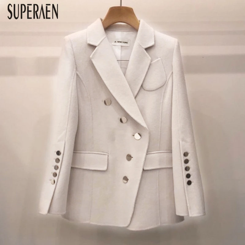 SuperAen, осень и зима, костюм, куртки для женщин, корейский стиль, модная шерстяная куртка с длинным рукавом, Женский однотонный топ