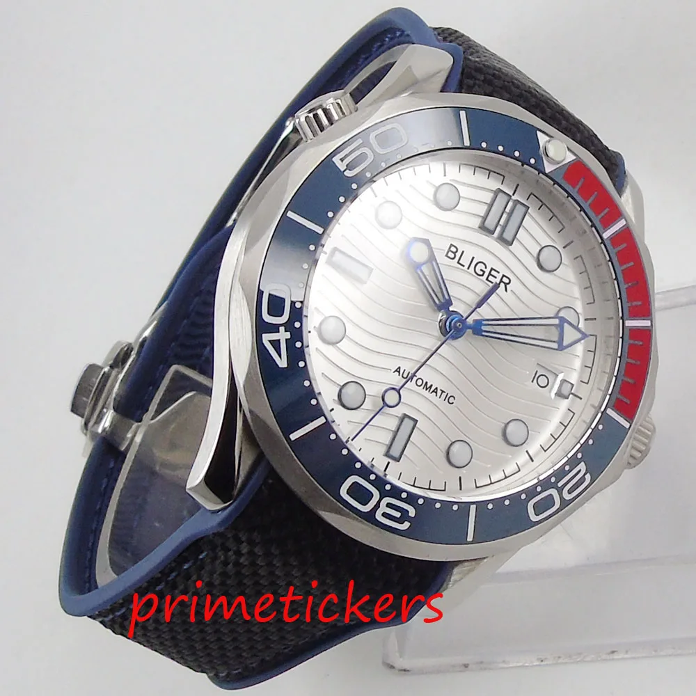  41mm white dial rubber strap blue&red ceramic bezel date luminous hands automatic movement men's wa