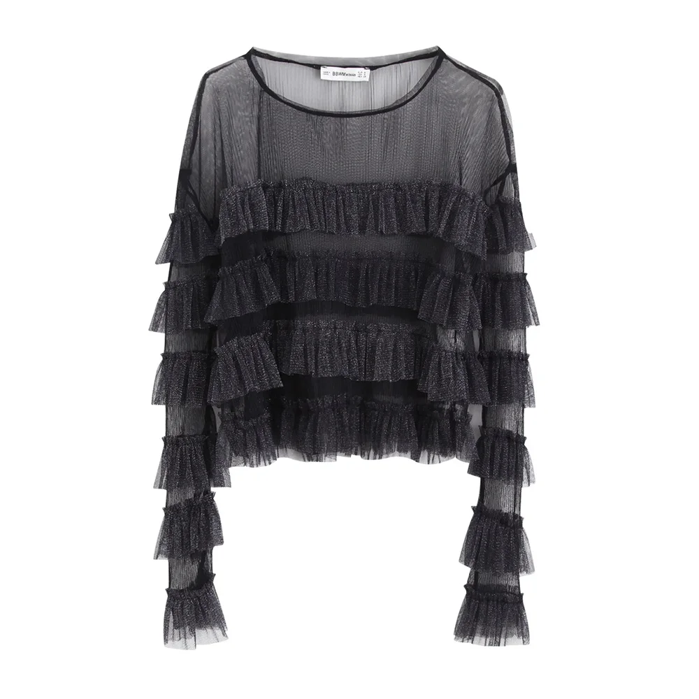 

Early Autumn 2019 New Long-sleeved Lotus Leaf Edge Semi-transparent Laminated Decorative Topcoat with Round Neck