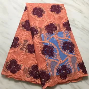 

(5yards/lot) Latest African Lace Fabric peach High Quality Nigerian Lace Fabric 2019 Cord Tulle French Laces Fabrics With Stones