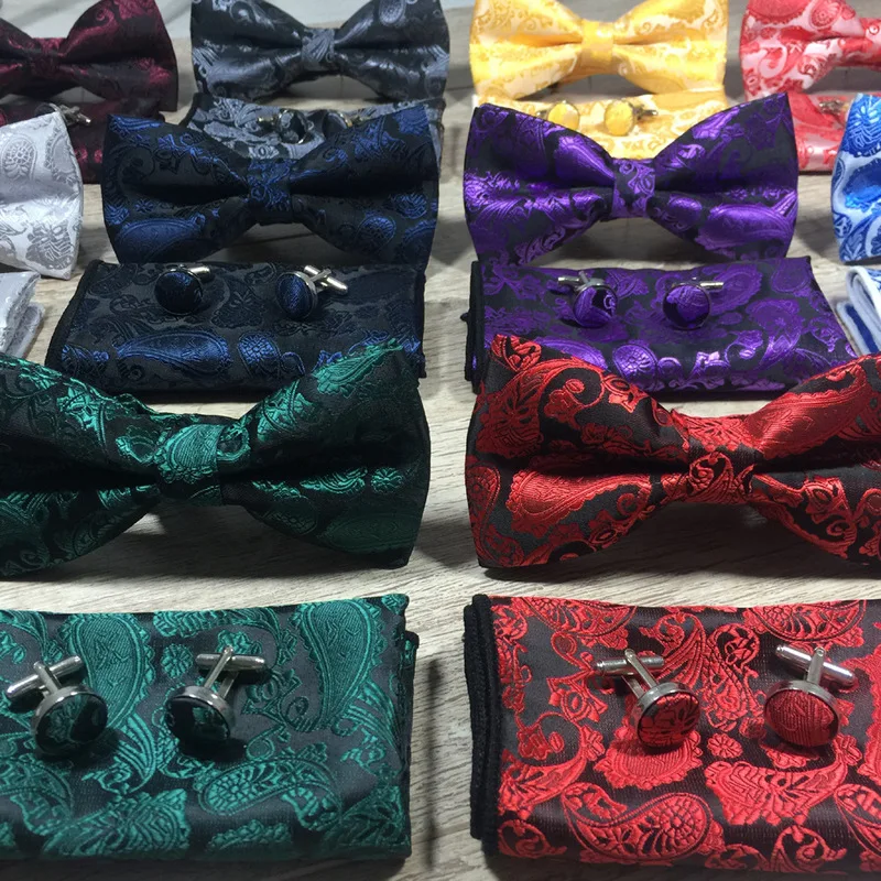 

Fashion Three-piece Bowtie Hanky Sleeve Button Set Men's Tie Pocket Square Cufflinks Suit Paisley Cashew Cravat Free Shipping