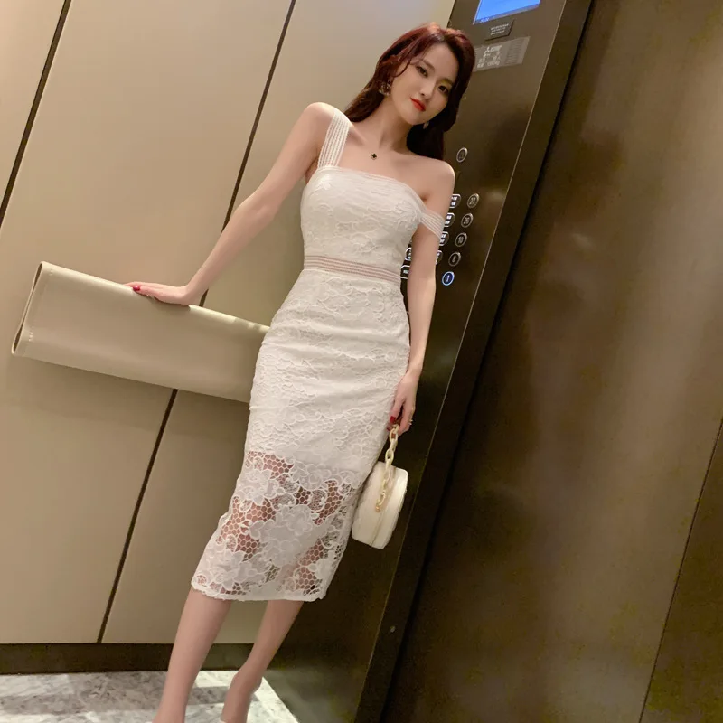 2021 Spaghetti Strap Backless Dresses Woman Party Night White Lace ...