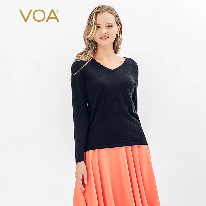 

VOA 2019 Autumn New soft and light worsted cashmere sweater women V-neck knit top wild bottom pullover R1008