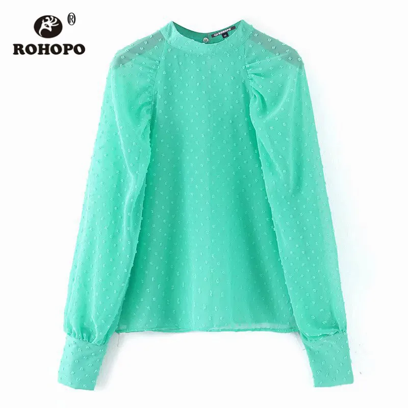 

ROHOPO Round Collar Embroidery Polk Dot Semi Transparent Blouse Split Back Neck Long Sleeve Pullover Tops Blusa #2308
