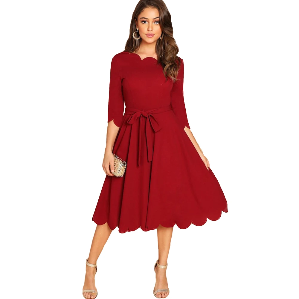 

Sovalro Solid Plus Size Women Causal Dress Autumn Wave Cut Half Sleeve Femme Party Dresses Lace Up A-Line Midi Feminino Vestidos