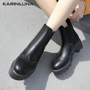 

Karinluna Big Size 35-40 Leisure Platform Round Toe Slip-On Autumn Square Thick Heels Elastic Band Solid Ankle Boots