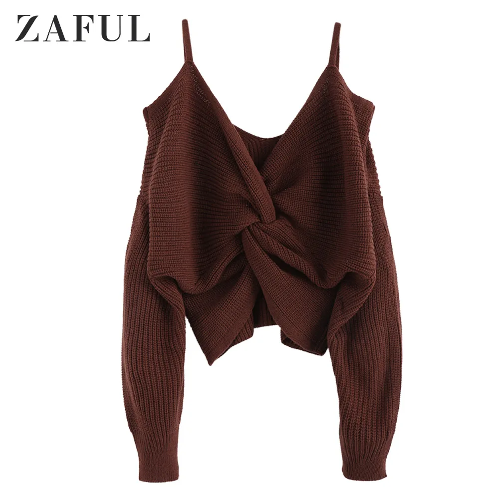 Sepia ZAFUL, пуловер с v-образным вырезом и открытыми плечами, свитер, 8 цветов, женские джемперы, Осенние повседневные топы с длинным рукавом, вязаные свитера - Цвет: Sepia