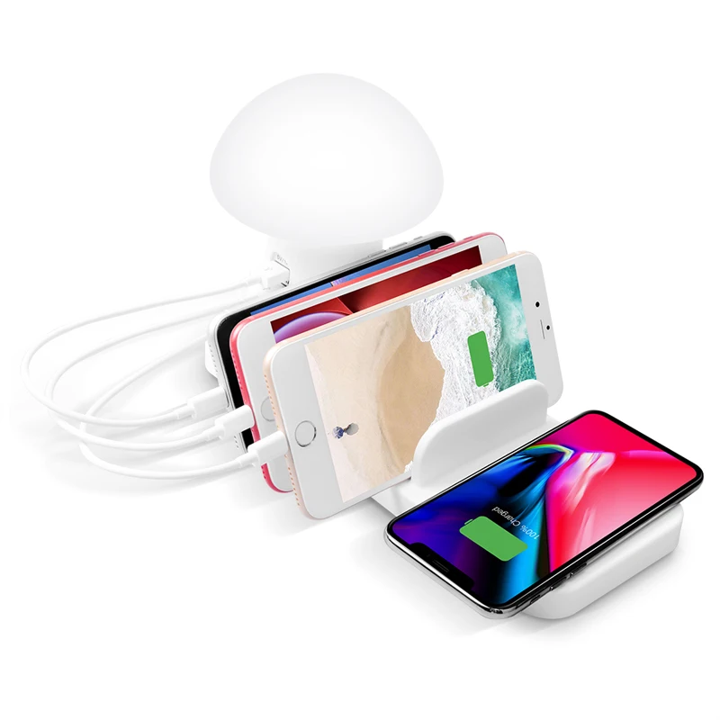 

Multi-function Phone Holder Stand USB Charger 3 USB PORTS Fast Charge 3.0 Wireless Charger/Night Light for most mobile phones