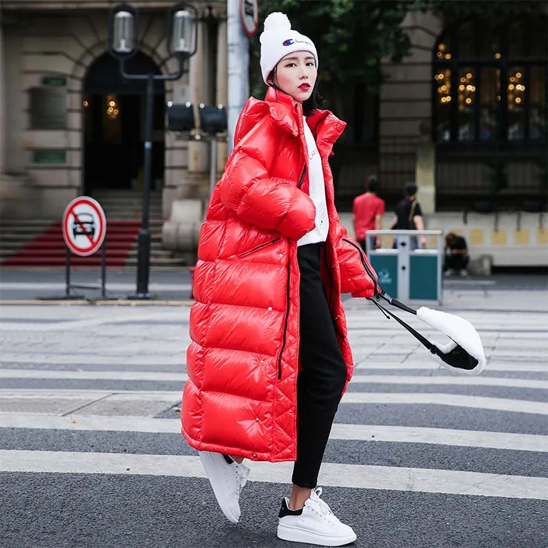Высококачественное женское модное хлопковое пальто новое зимнее теплое с капюшоном яркое лицо плотное средней длины красное женское хлопковое пальто KO187