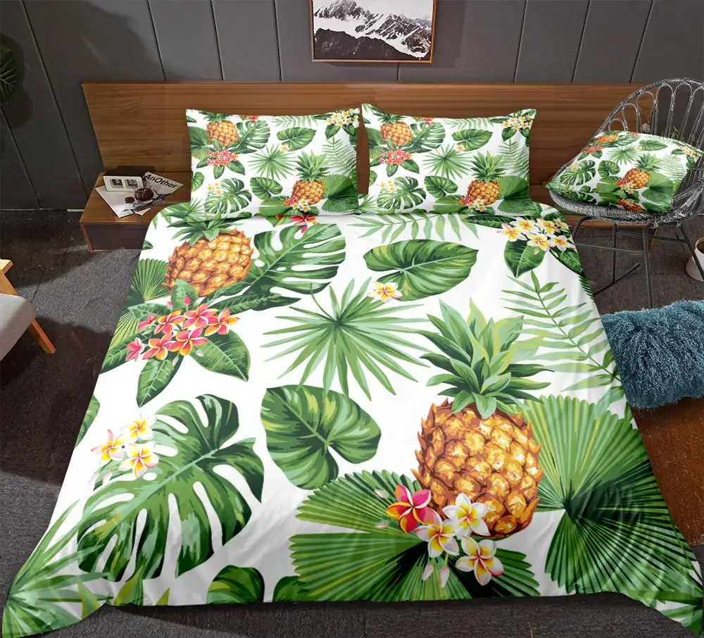Pineapples Bedding Set White Quilt Cover Green Palm Leaves Duvet Cover