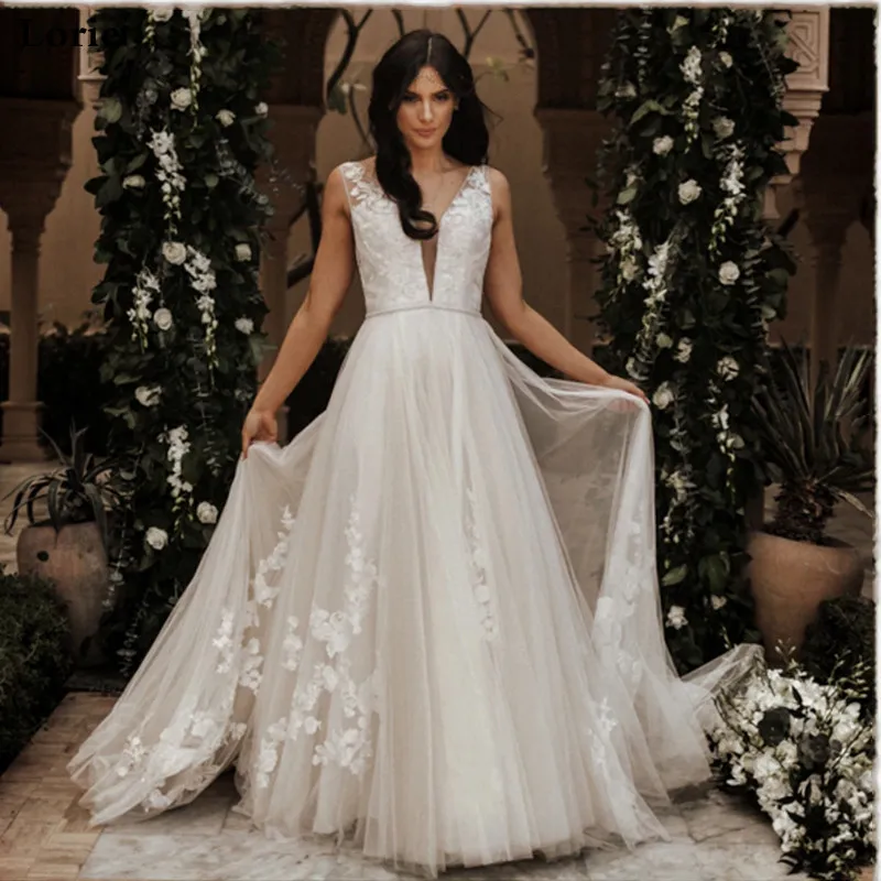 

Lorie Princess Wedding Dress A-Line Wedding Gown Puff Tulle Custom made Boho Lace Appliques V-Neck Bridal Dresses