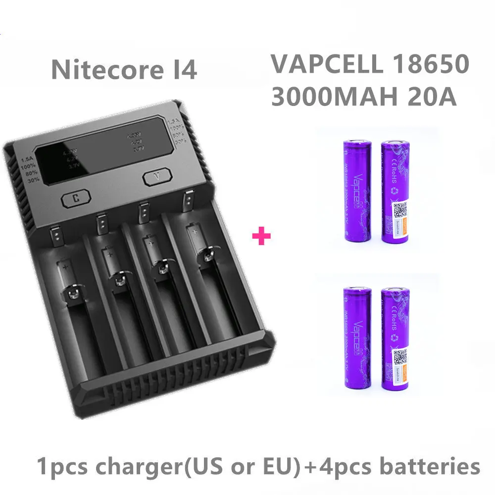 4 шт. VAPCELL 18650 3000 мАч 20A батарея с 1 шт. NITECORE I4 литиевая аккумуляторная батарея зарядное устройство