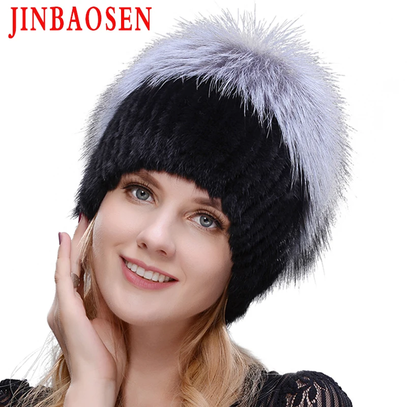 Online JINBAOSEN 2019 frauen winter nerz hut echt silber fuchs pelz warme ski kappe natürliche pelz stricken fell kappe marke mode Russischen stil